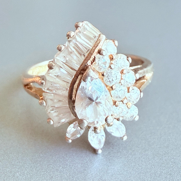18K Vermeil Halo 3.5 CT Cubic Zirconia Baguette Marquise Sterling Silver Ring